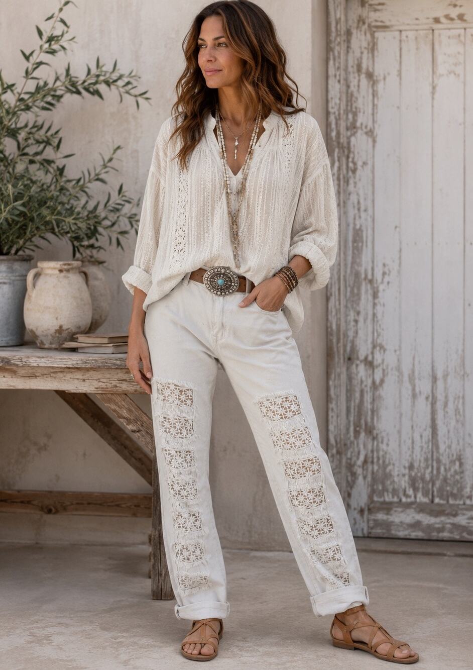 K.Jordan White Cotton Floral Crochet Distressed Boho Coastal Jeans Women’s 10